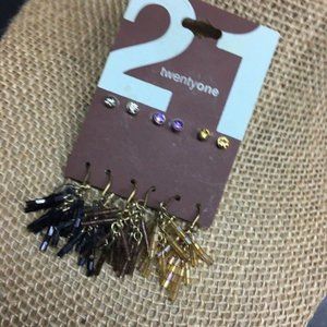 21 Six Pairs Earrings Rhinestone Stud Bugle Bead Dangle Pierced Earthtone Boho